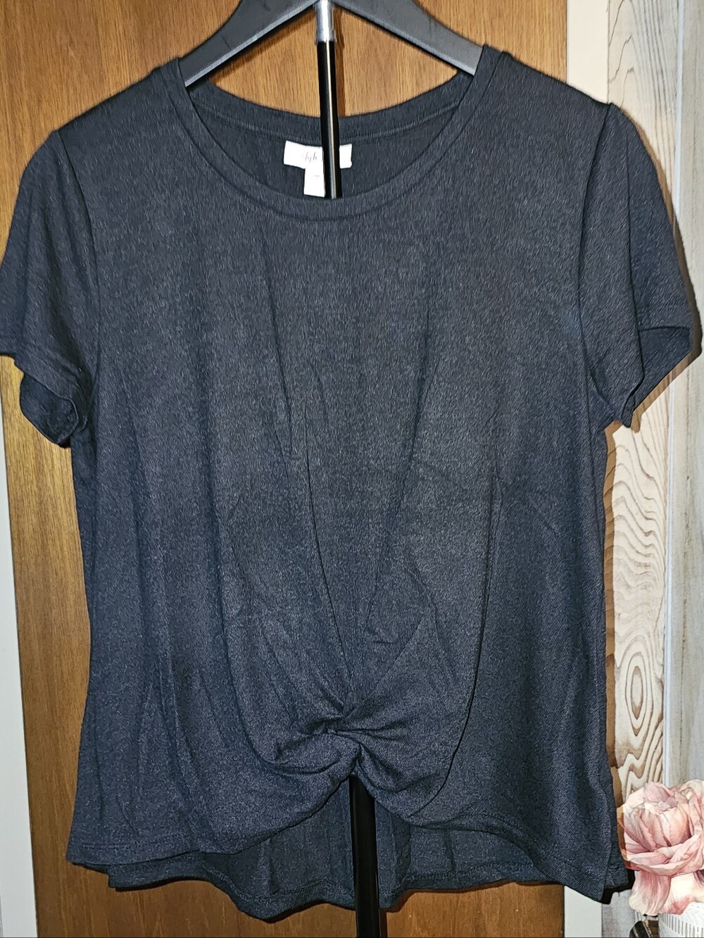 Style & Co. Charcoal Twist-Front Short Sleeve Petite Tee